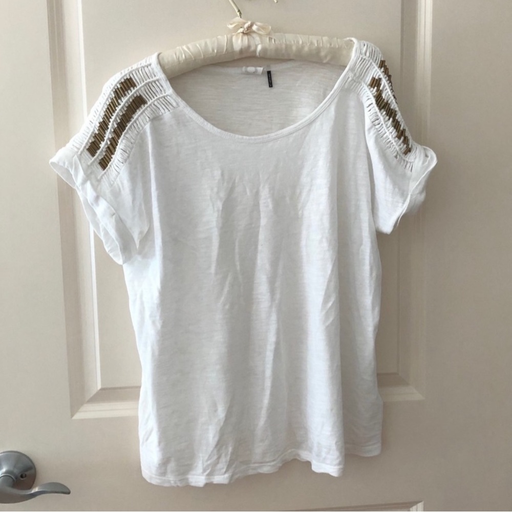 Anthropologie White Tee with Gold Accents